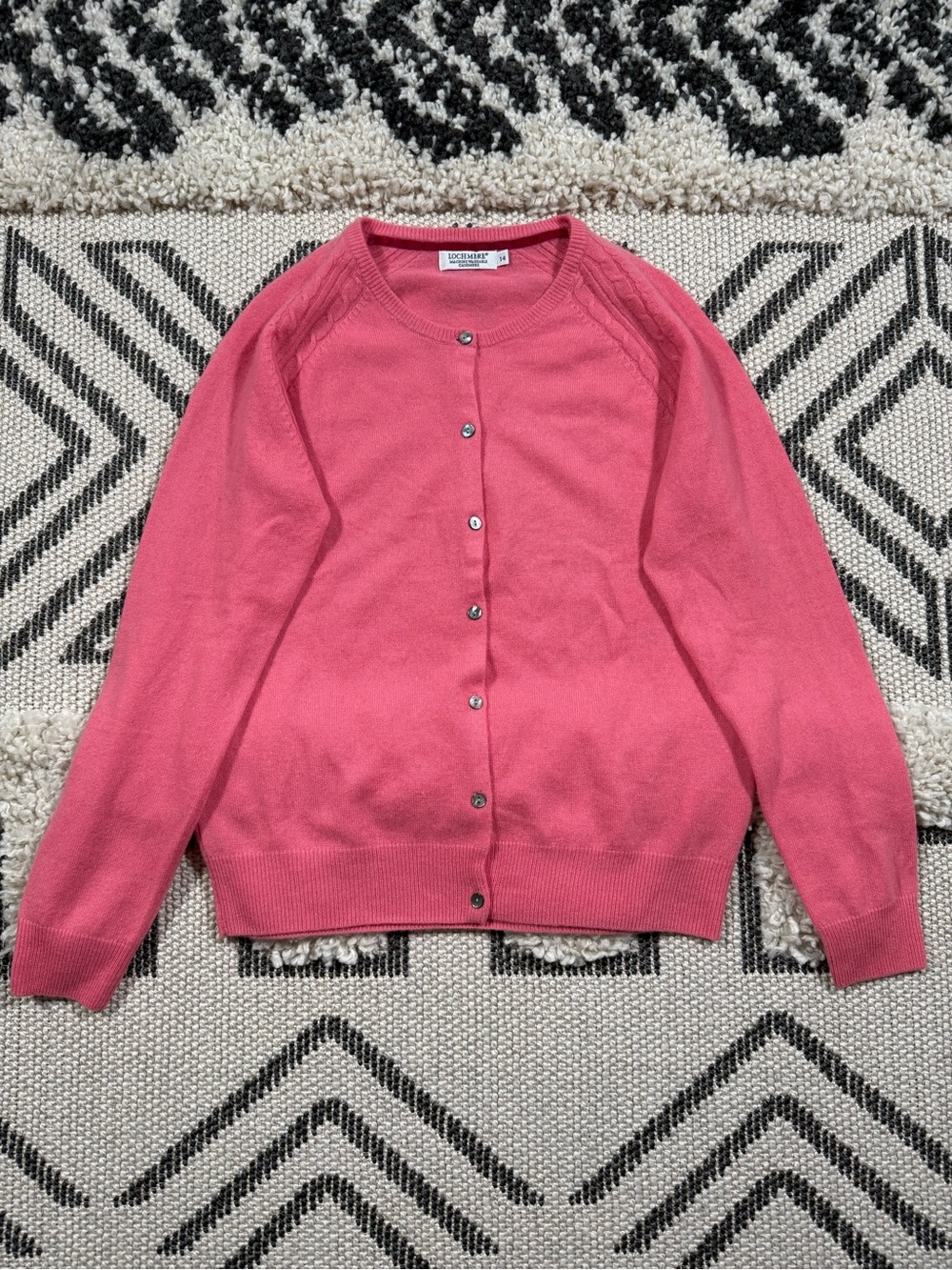 Women’s Lochmere 100% Cashmere Machine Washable Pink Cardigan Sweater Size 14